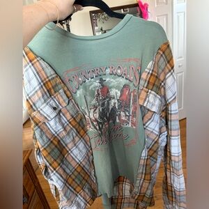 Green Country Roads Graphic Tee with Plaid Sleeves